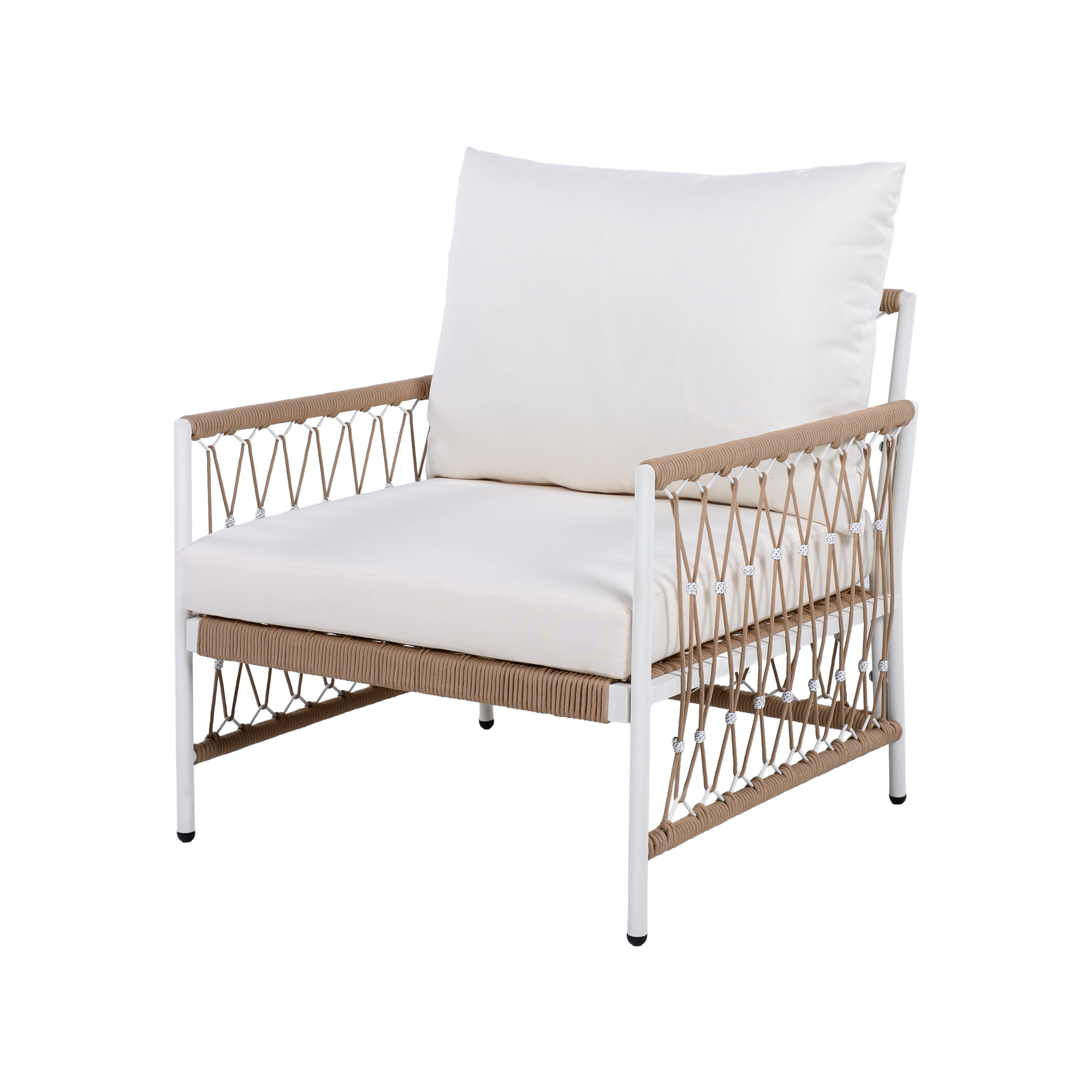 Bohemian Lounge Chair, Outdoor Chair with Handwoven Rope and Steel Frame for Patio Garden, Brown and Beige