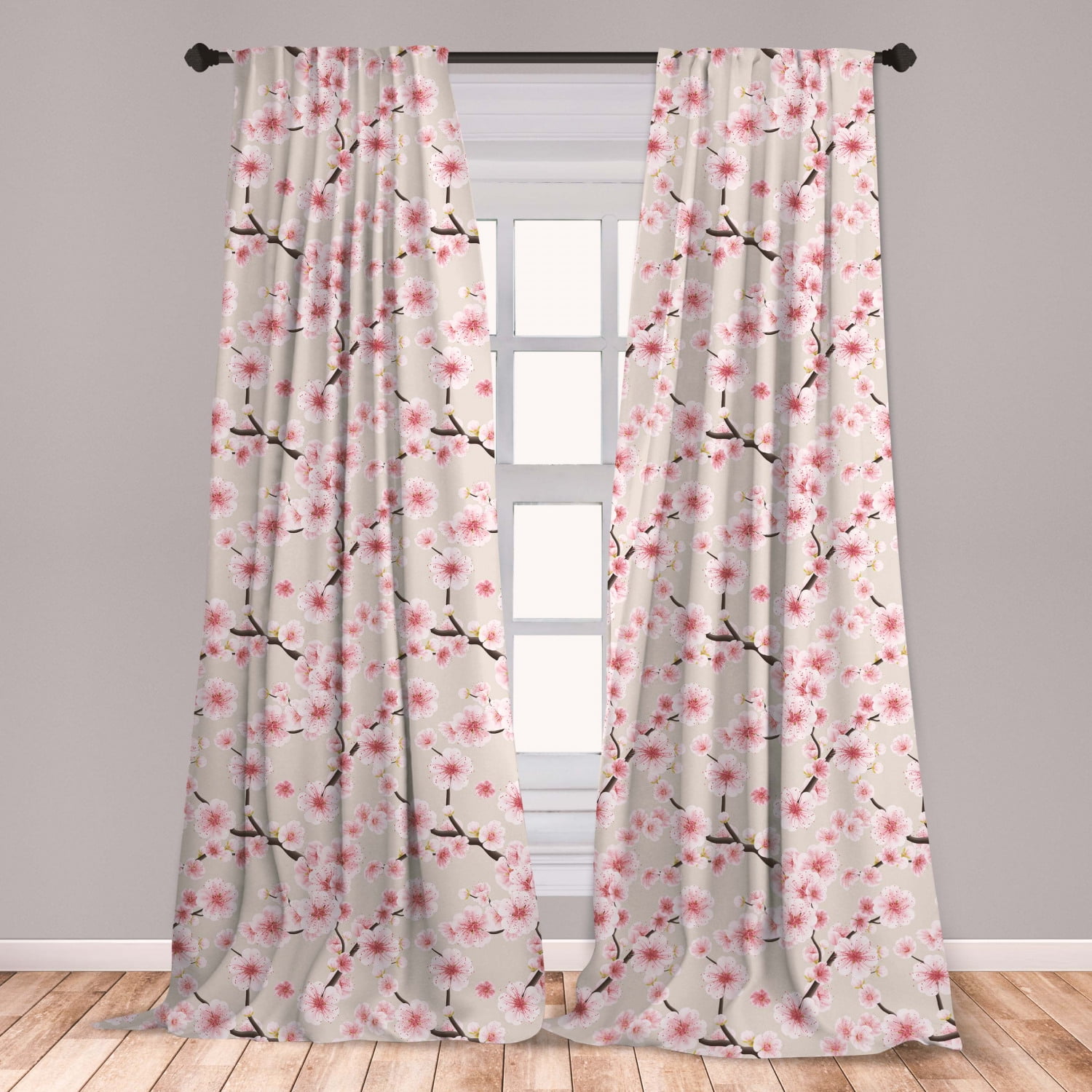 Asian Curtains 2 Panels Set, Japanese Flowering Cherry Blossom Symbolic