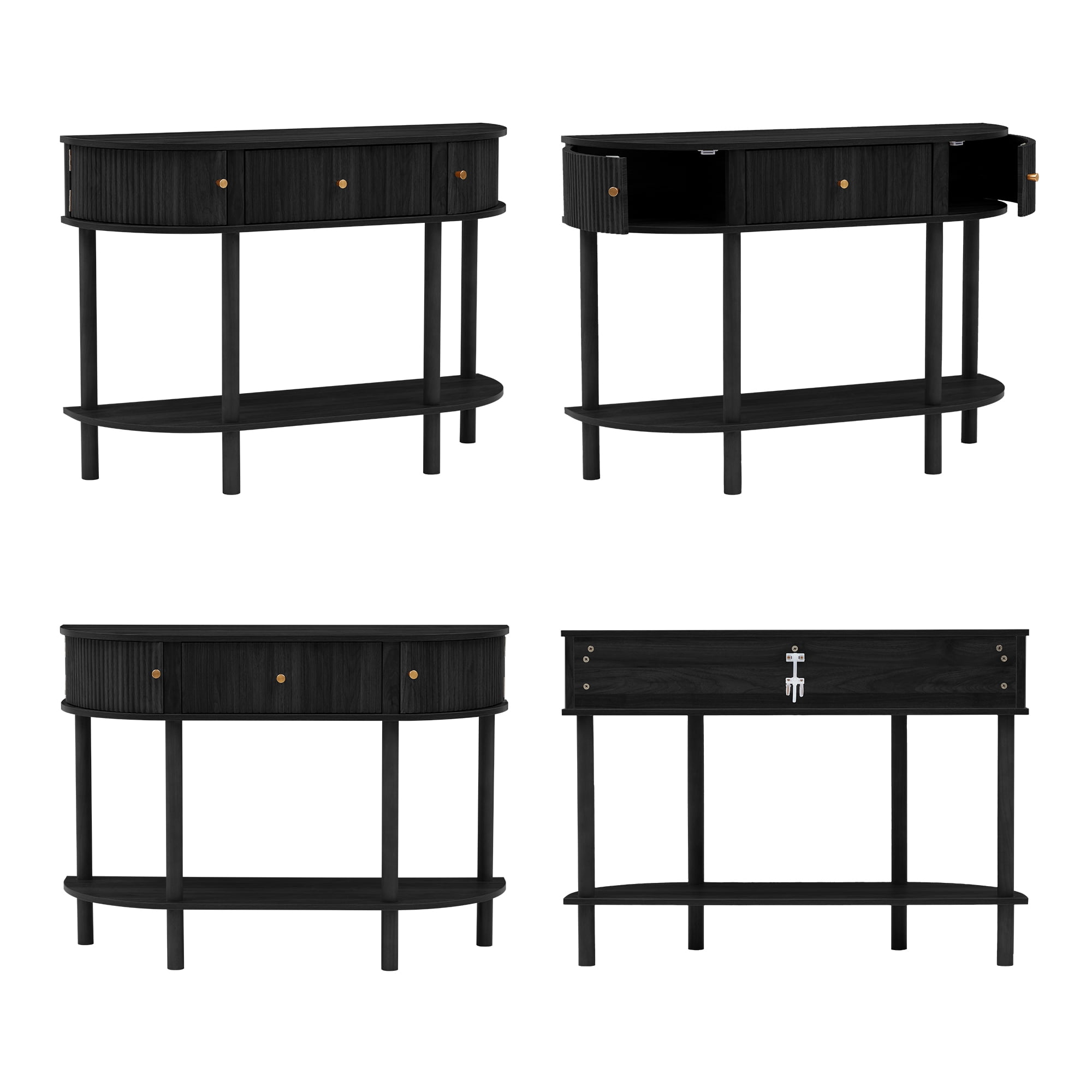 PHOYAL Fluted Half Oval Console Table with Drawers and Storage, Wooden Semi Elliptic End table with Shelf for Living Room, Half Round Side Table for Entryway Hallway, Black