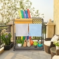 thumbnail image 2 of Pool Towel Rack Outdoor with Rattan Base, 5 Bar Free Standing Poolside Beach Towel, Rattan Weaving Outdoor Towel Rack, Storage Organizer with Compartment for Floats, Pool Noodles, Swimming Rings, 2 of 8