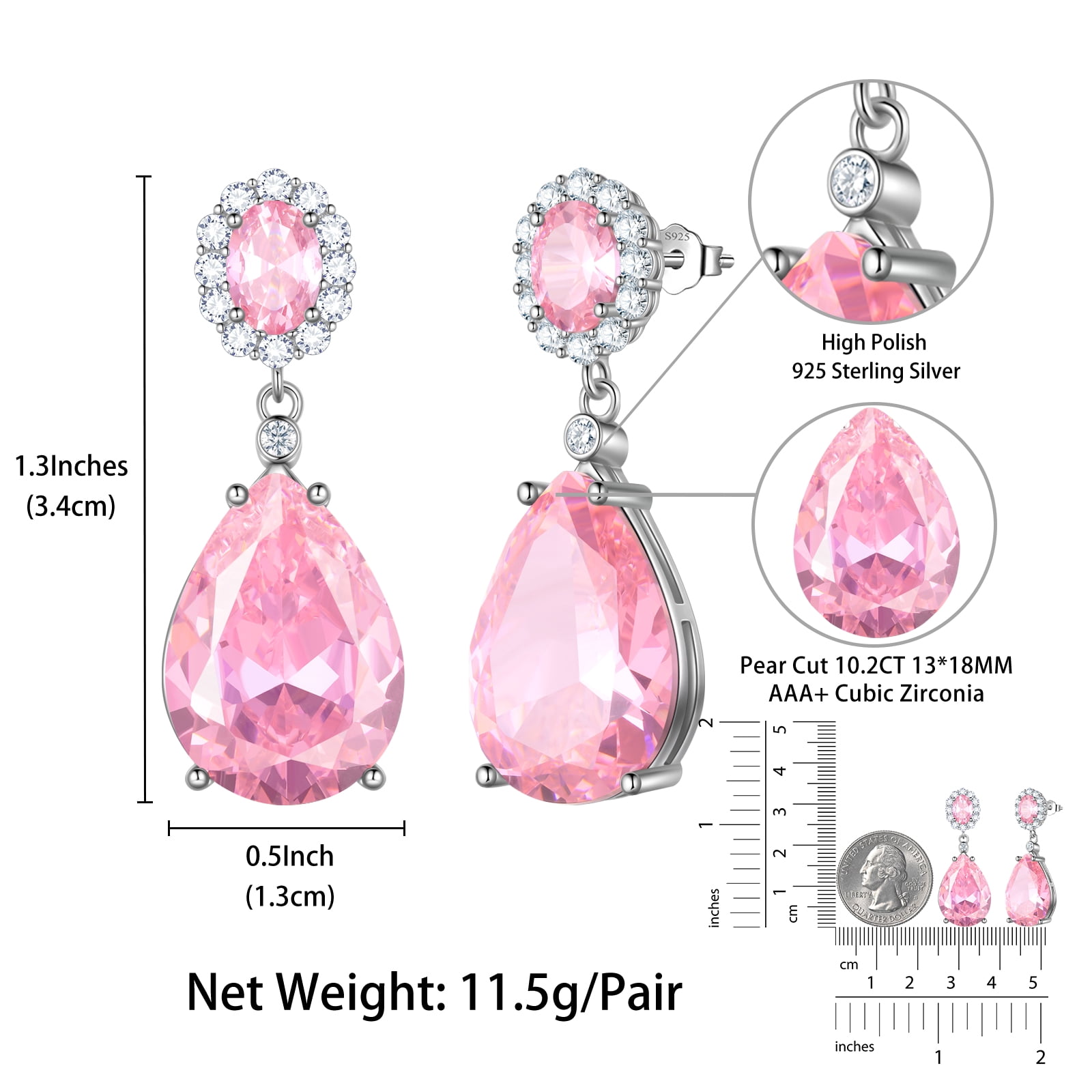 Juwaliy 10Ct Pink Women Dangle Earrings Teardrop October Birthstone Tourmaline Earring Jewelry 925 Sterling Silver Mom Birthday Christmas Valentine's Day Gift