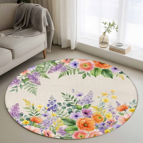Pink Orange Flowers Round Area Rug 4Ft Washable Circle Rugs for Bedroom Dining Room, Spring Floral Farmhouse Botanical Rustic Non-Slip Carpet Floor Mats Indoor Outdoor Carpet Runner Home Decor