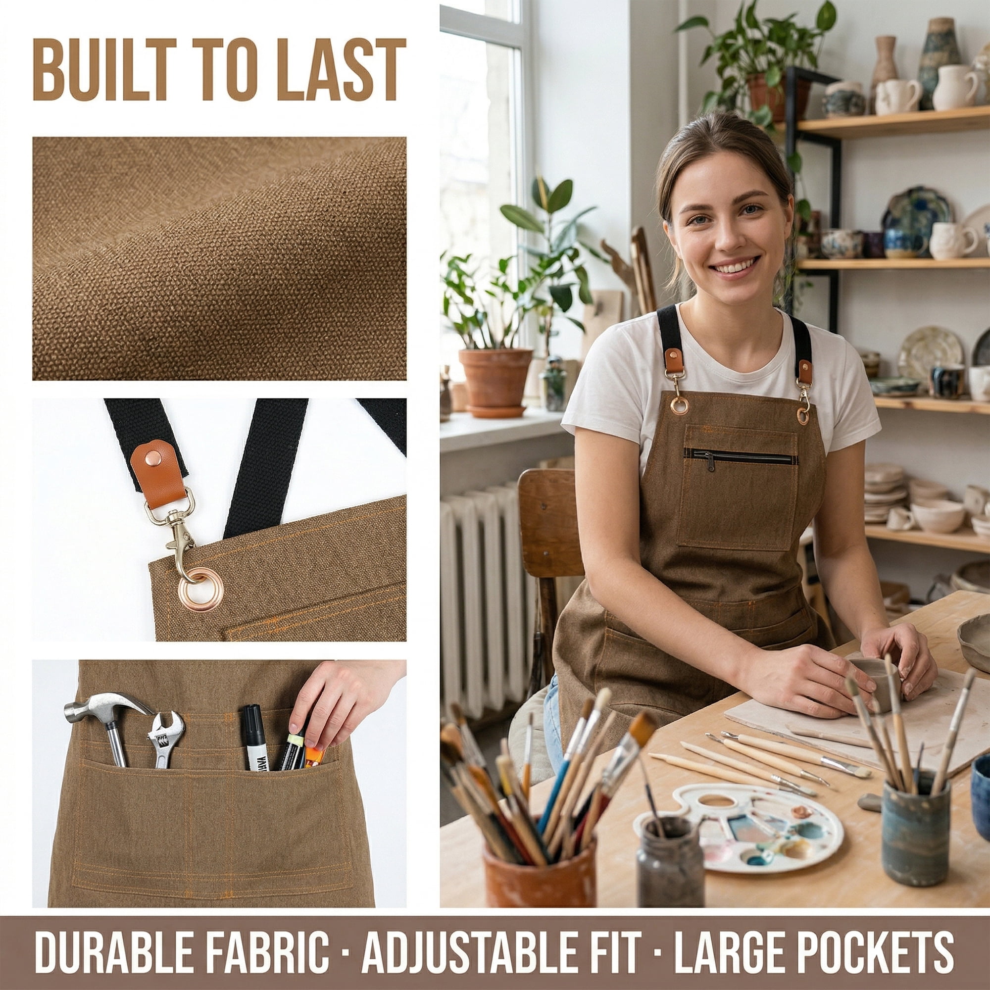 Unique Bargains Aprons with Pockets Adjustable Long Waist Cooking Apron Durable Brown
