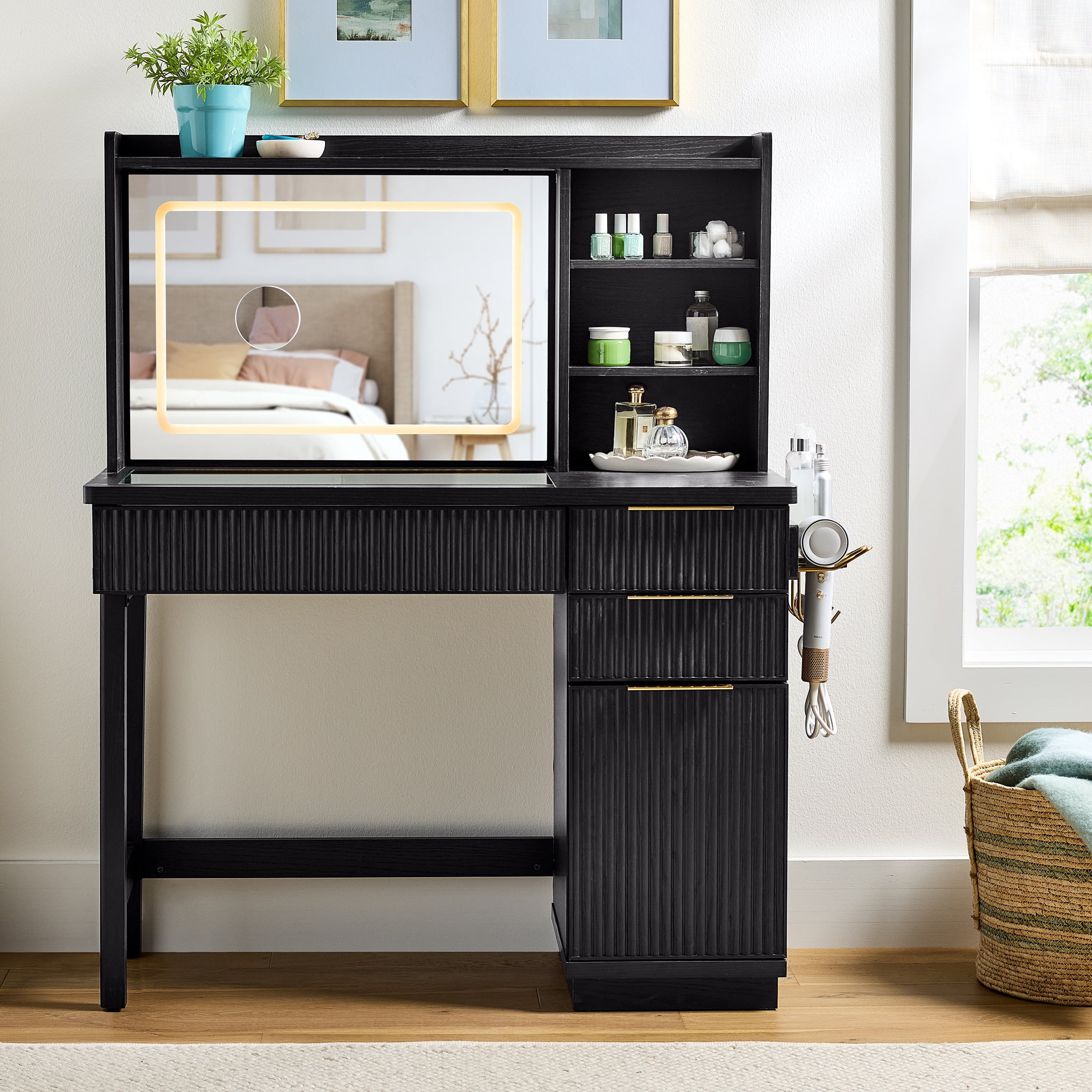 Better Homes & Gardens Lillian Vanity Desk with LED Mirror, Rich Black Finish
