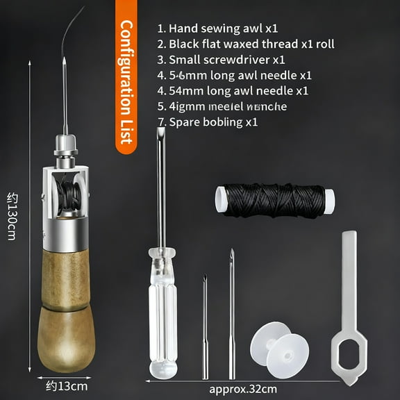 HEYMKGO Leather Stitching Awl Tool  Kit - Wooden Handle Sewing Awl for Repairing Leather, Fabric, Canvas Shoes, Bags & Belts - Complete Craft Stitch Tool Set with Needles