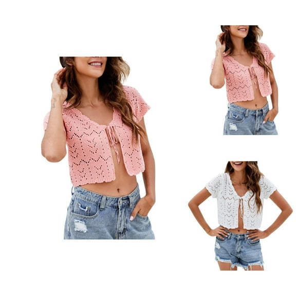 Bolero Shrug Cardigans for Women 2025 Lightweight Short Sleeve V Neck Tie Front Hollow Out Cropped Cardigan