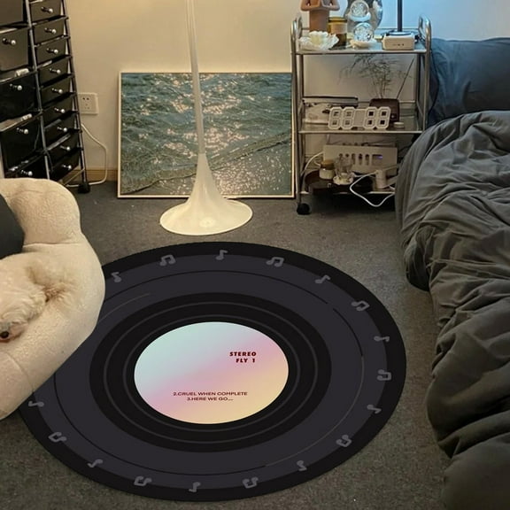 Anhility Non-Slip Area Rug Round Washable Quick Dry Novelty Music Vinyl Record Pattern Floor Mat Carpet for Bedroom Living Room Study Playing, 23.62 Inches, Multicolor