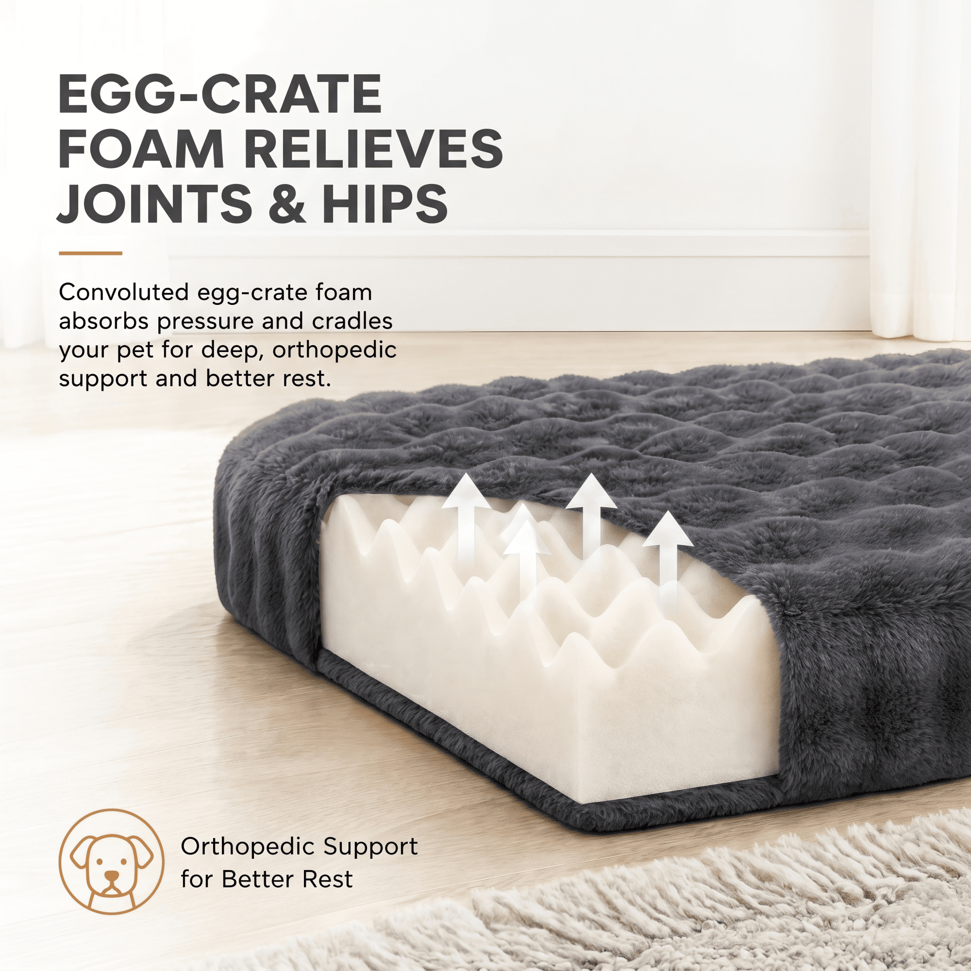 PAWZ Road Orthopedic Dog Bed for Dogs, Soft Bubble Fleece, Waterproof Pet Mat with Removable Washable Cover and Egg Crate Foam, Gray