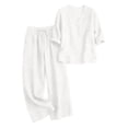 thumbnail image 2 of Breathable Cotton Linen 2 Piece Set, Women's V-Neck 3/4 Sleeve Top & High Waist Wide Leg Pants Casual Outfit, White L, 2 of 8