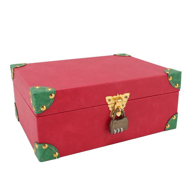 Wood and Leather Treasure Chest with Lid and Lock, Decorative Jewelry Keepsake Storage Box, Decorative Storage Trunk Keepsakes Chest for Combs Necklaces Rings Earrings