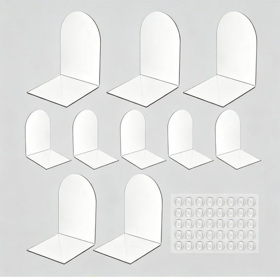 Jademall 10-Pack Clear Acrylic Bookends, 3mm Thick L-Shaped Book Stoppers with Anti-Slip Pads, 3.94"x3.94"x3.94" Invisible Book Holder for Shelves, Desk, Home, Office & Library