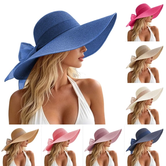 Nfurl Womens Straw Hats for Summer Large Brim Elegant Bowknot Summer Hats for Women UV Protection Wide Brim Sun Hats Beach Vacation Travel,Dark Blue