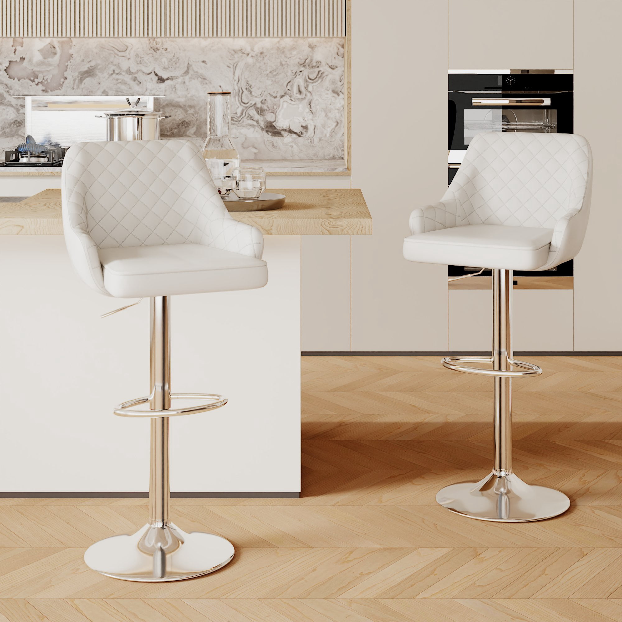 VECELO Set of 4 Bar Stools Adjustable Counter Height Swivel Barstools with Back and Armrest, White
