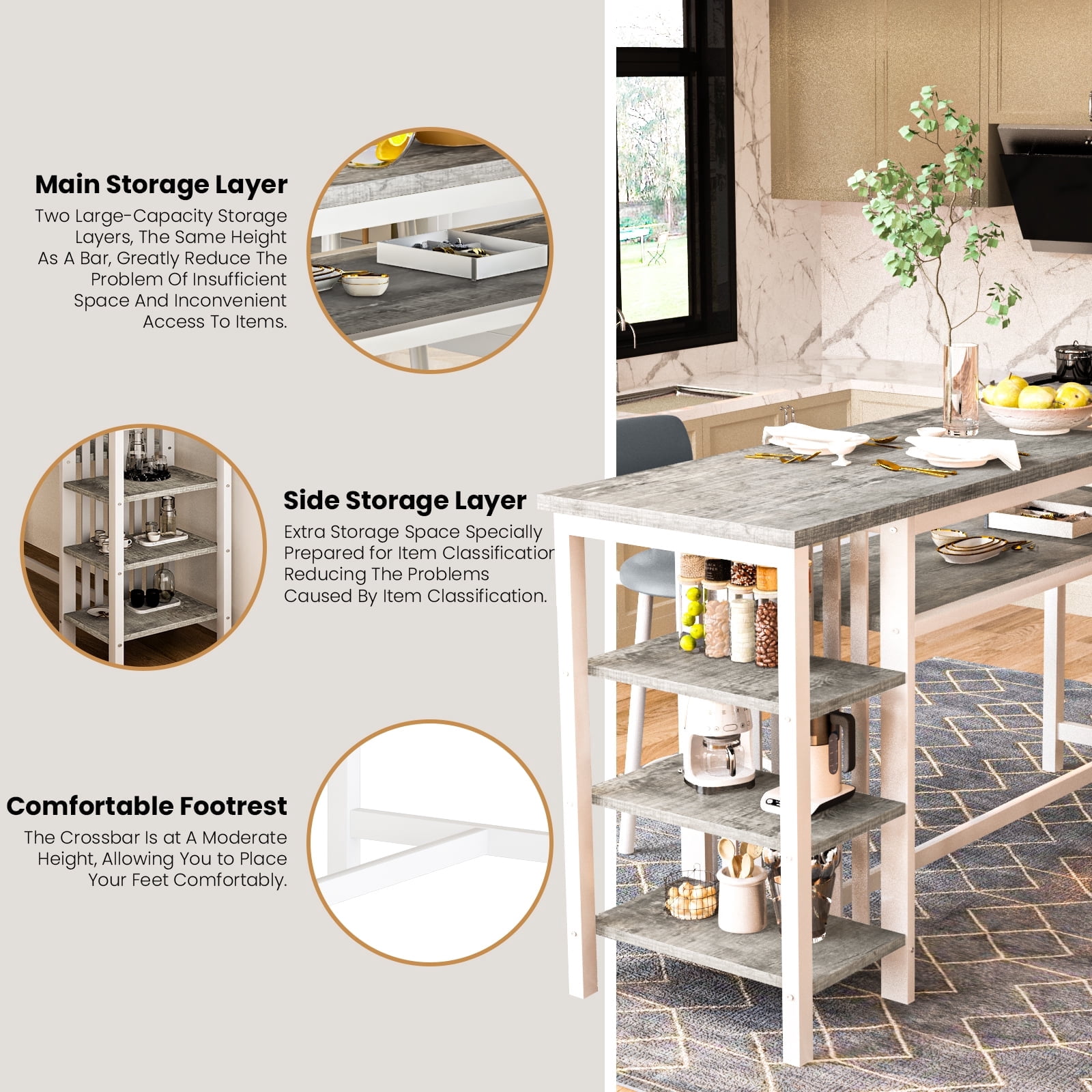 BAXLUXE Kitchen Table and Chairs, Bar Dining Table Set for 2,Dining Table with Chairs,Small Kitchen Bar Table Faux Marble Bar Table with Storage