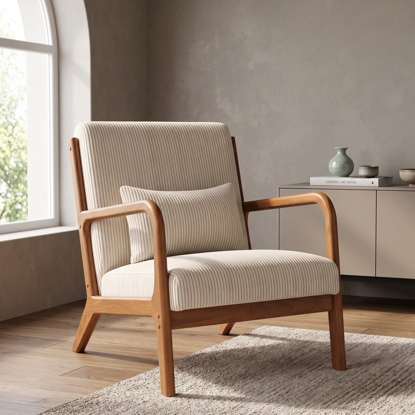 Furnibear Accent Chair, Corduroy Upholstered Lounge Chair with Lumbar Pillow, Ergonomic 105-Degree Backrest, Solid Wood Frame Armchair for Living Room Bedroom, Beige