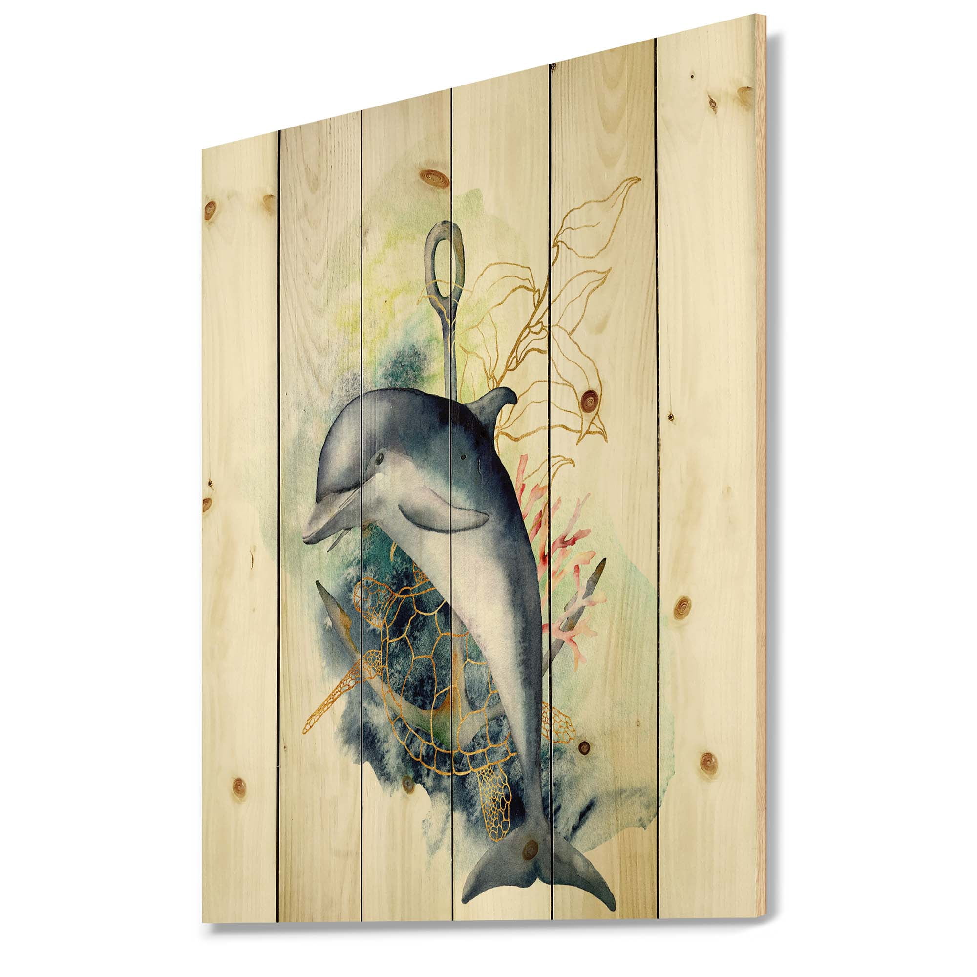 Designart 'Linear Coral Reef Plants and Dolphin Turtle Anchor' Nautical & Coastal Print on Natural Pine Wood