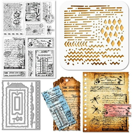 Gray Retro Text Background Silicone Clear Stamps Metal Vintage Postage Stamp Ticket Frame Cutting Die Cuts PET Paint Craft Stencils Template for Card Making and DIY Embossing Scrapbooking