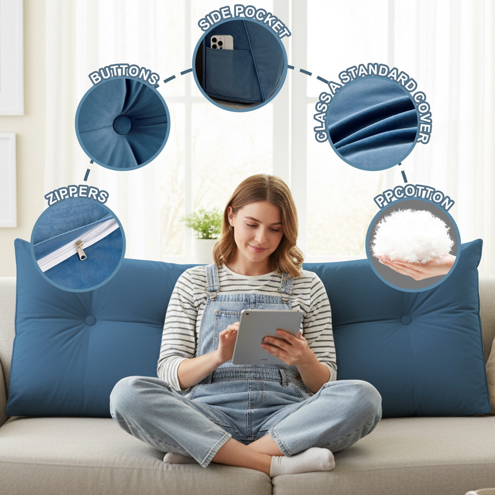 ANMINY Soft Fleece Headboard Pillow - High Elastic Pearl Cotton Filling, Removable Cover, Side Pocket, Ideal for Bed & Sofa Back Support
