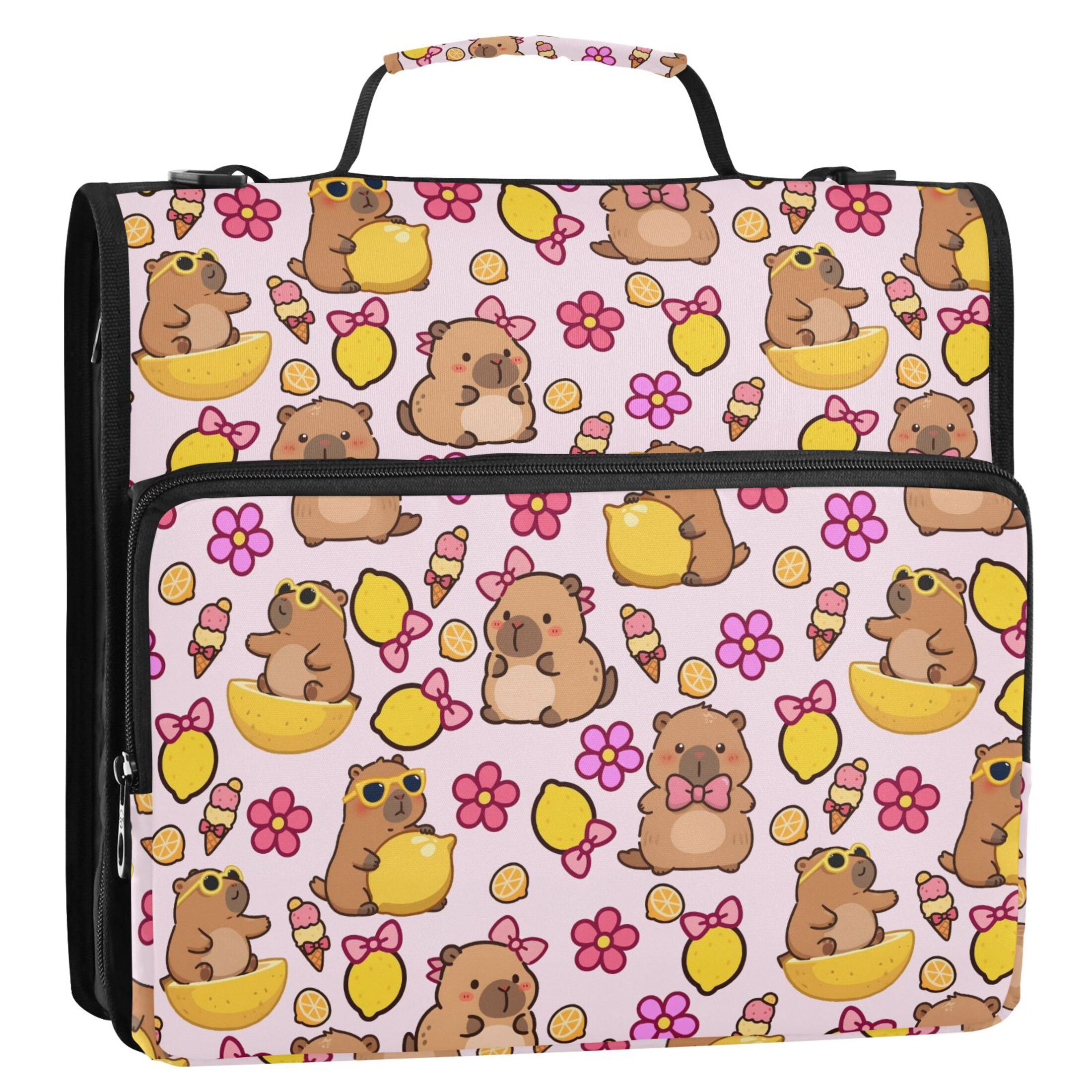 Zipper Binder Capybara Lemon Flower 1.5 Inch Binder Folder Bag with Shoulder Strap and Handle