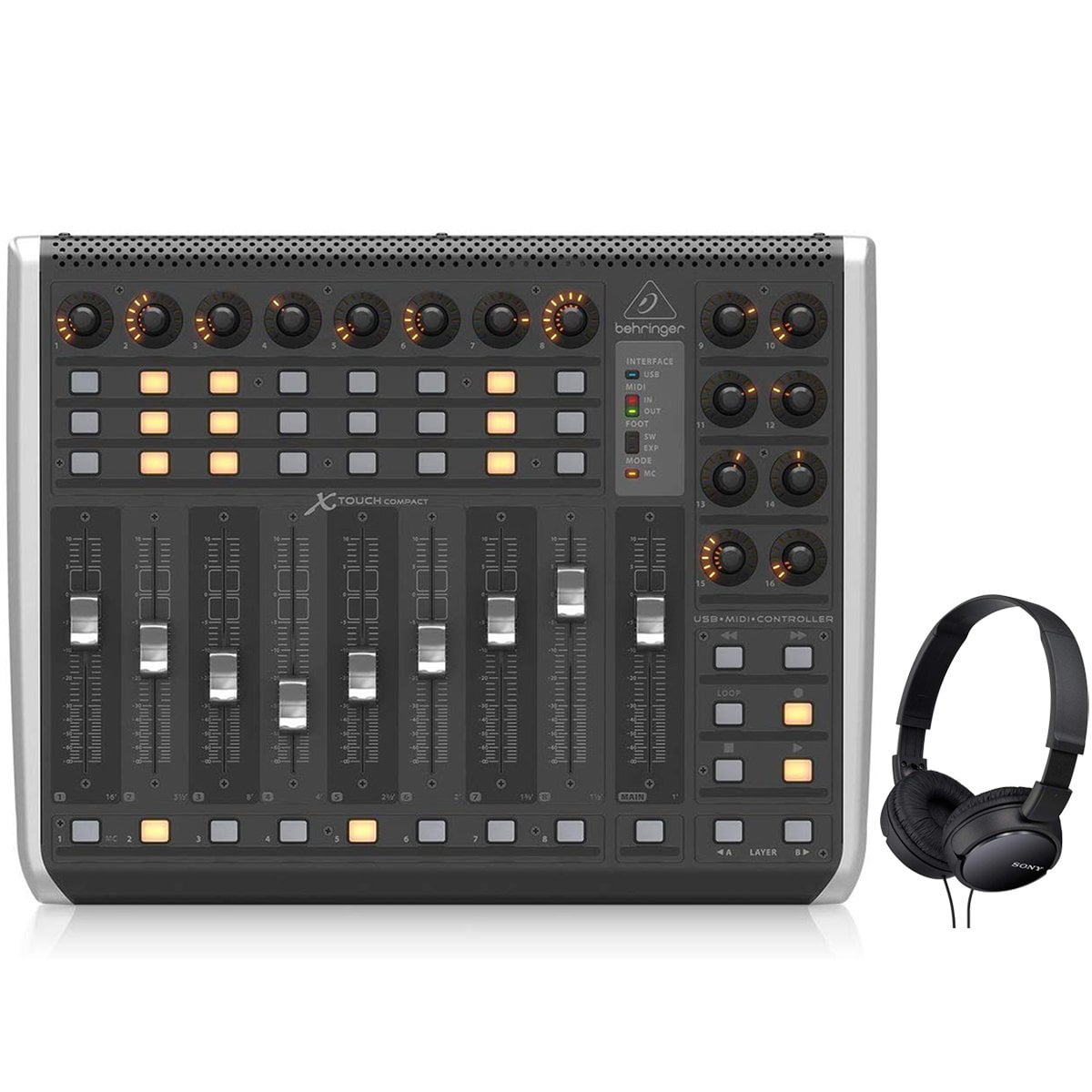 Behringer XTOUCH COMPACT MIDI DAW Controller Bundle with OnEar Stereo Headphones