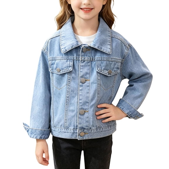 AVRNLIQ Girls Light Wash Blue Denim Jacket, Classic Trucker Casual Outerwear with Snap Buttons for Kids Big Girls,Size 11 T
