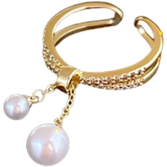 Dangle Pearl Cross Open Statement Ring for Women Cubic Zirconia Adjustable Layered Finger Band Threader Tassel Chian Engagement Promise Rings Dainty Jewelry Gifts