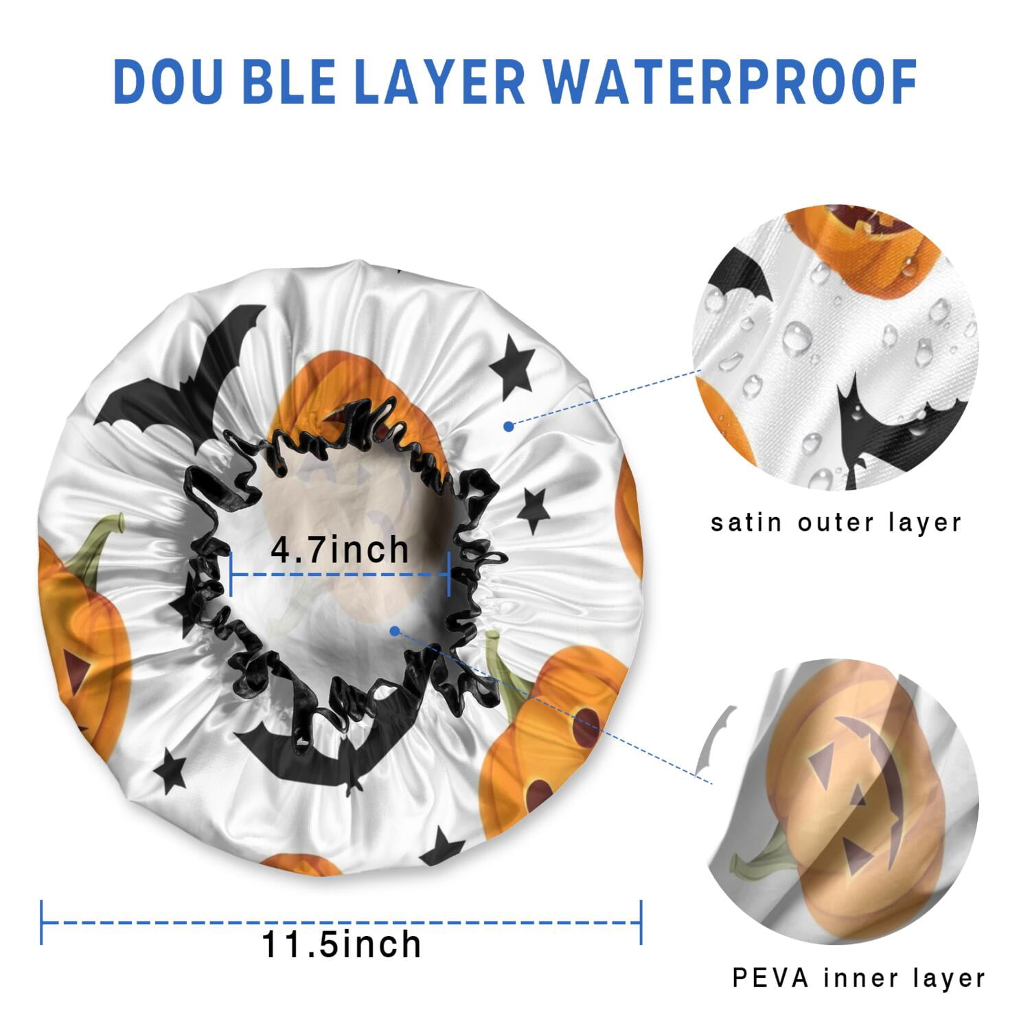 Shower Caps,Halloween Pumpkins Bats and Stars Waterproof Shower Cap for Women 4 Pieces,Double Reusable Hair Cover for Shower PEVA Elastic Stretch Hem