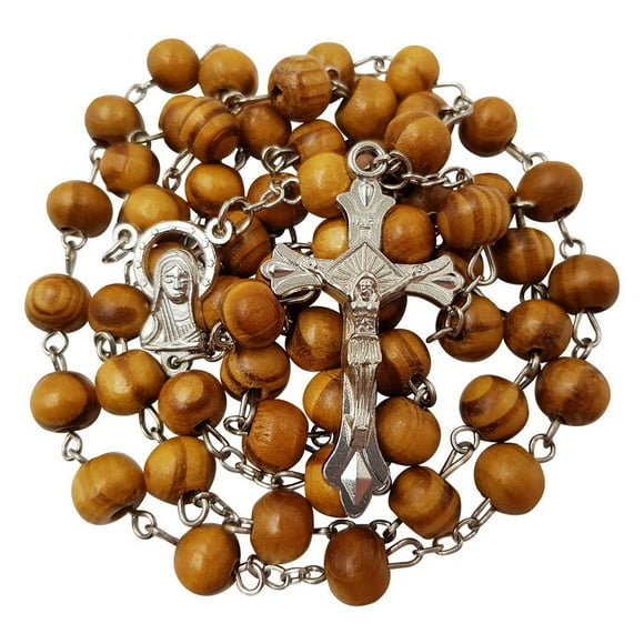 TALISMAN4U Blessed Catholic Rosary Necklace 8MM Wood Rosary Beads Jerusalem Cross Crucifix Virgin Mary Centerpiece with Certificate