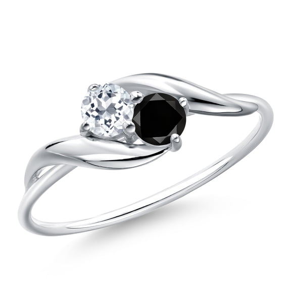 Gem Stone King 10K White Gold Round White Topaz and Black Diamond Ring for Women (0.39 Cttw, Round 3.5MM, Gemstone November Birthstone, Size 9)