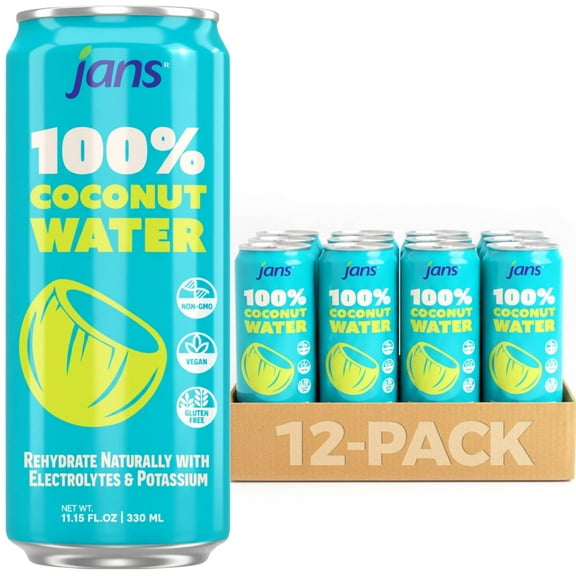 Jans 100% Coconut Water No Added Sugar 11.15oz (Pack of 12) Pure Coconut Refreshment, Vegan, Gluten-Free, Hydration with Electrolytes