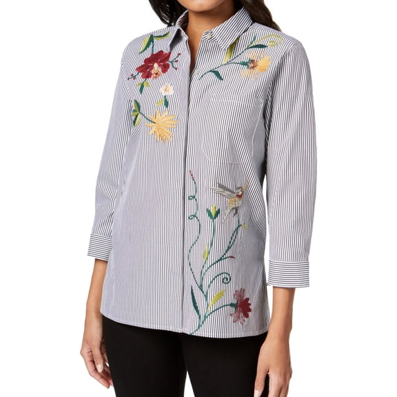 Olivia & Grace Womens Embroidered Button Up Shirt, Black, Small