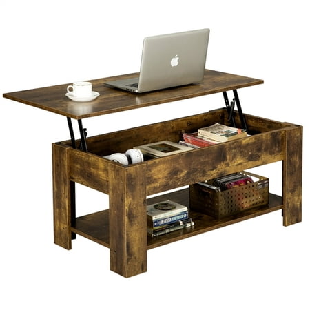 Modern Wood Lift Top Coffee Table with Hidden Compartment and Lower Shelf, Rustic Brown
