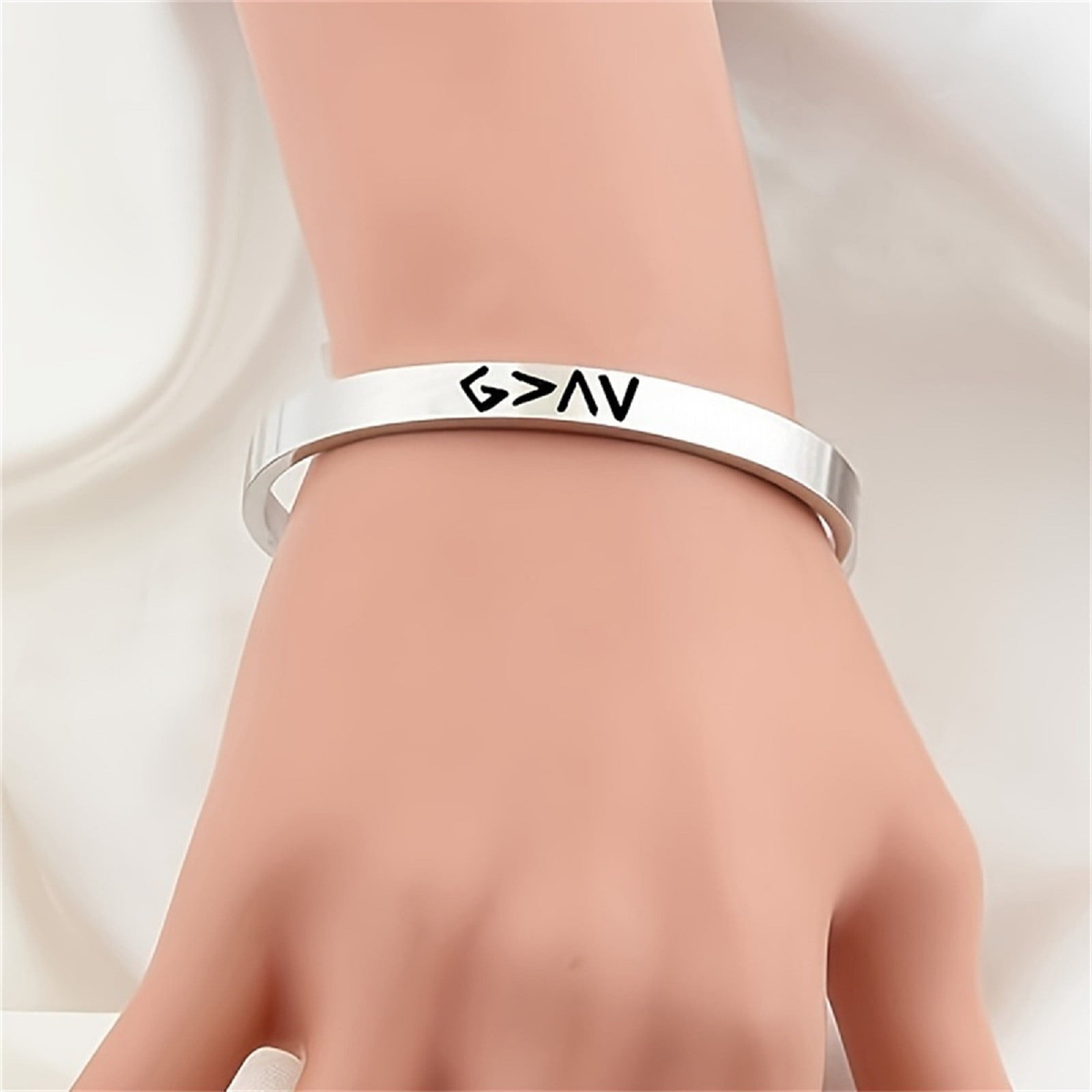 Bracelet for Men and Women Stainless Steel C Shape Adjustable Jewelry Unisex Design God Is Greater Inspirational Accessory for Everyday Wear, 6.5x0.6 cm, Silver