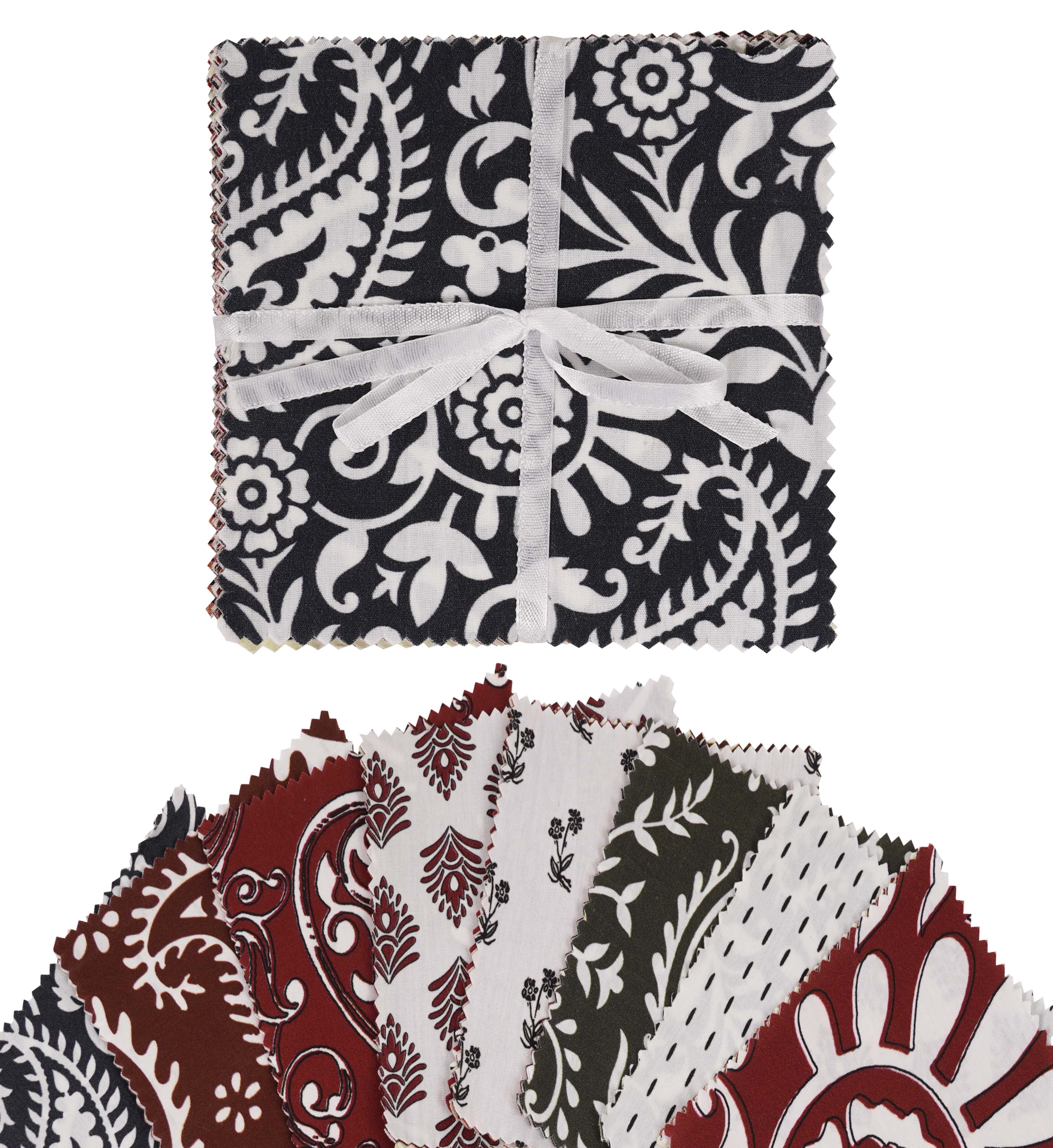 Soimoi Precut 10-inch Asian Block Prints Cotton Fabric Bundle Quilting Squares Charm Pack DIY Patchwork Sewing Craft- Maroon- White- Pale Yellow- Brown