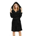 thumbnail image 1 of Womens Plush Fleece Bathrobe with Eye Mask Warm Fleece Hooded Robes Soft Knee Length Spa Robe Fuzzy Sleepwear Pockets Black, L, 1 of 7