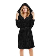 Miqool Women Robe with Hood Fleece Soft Long Hooded Robe Winter Plush Fuzzy Cozy Warm Bathrobe Shower Spa