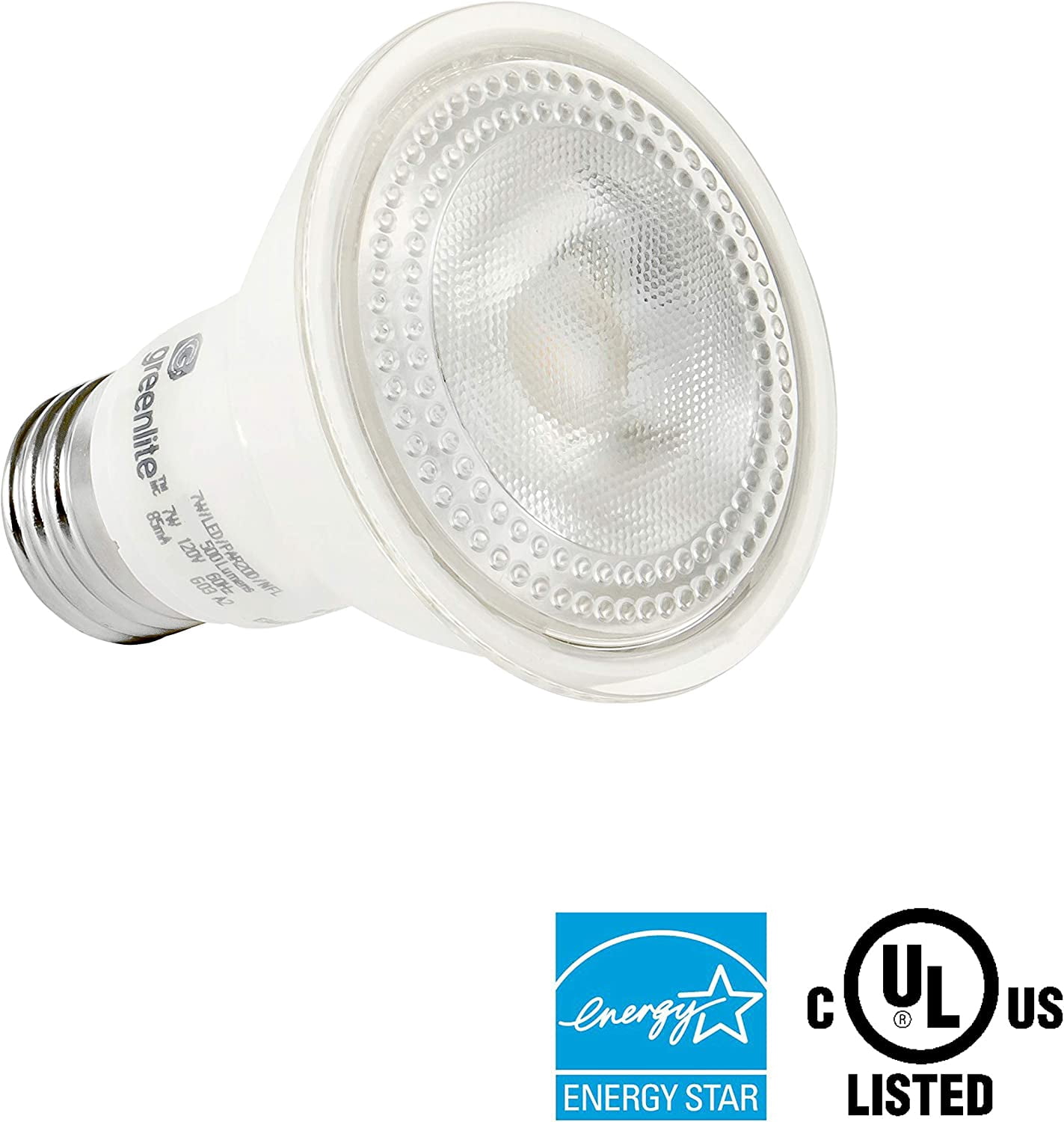 Greenlite LED PAR20 Dimmable Flood Light Bulb, 7W (50W Equivalent), 500 Lumens, 3000k Bright White, Narrow Flood 40° Beam Angle, Indoor, 120V, Energy Star Certified, (Pack of 6)