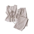 thumbnail image 7 of Vivianyo HD Women's Striped V-Neck Sleeveless Tie Waist Peplum Top and Wide Leg Pants Set, Two Piece Sets for Women Textured Outfit, Women's Khaki, Sizes S-XL, 7 of 7