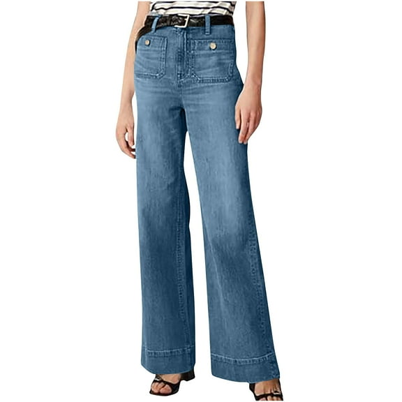 Ltctricy Jeans for Women High Waisted Flared Wide Leg Denim Pants Trendy Streetwear Casual Trousers with Pockets(Sky Blue,X-Large)