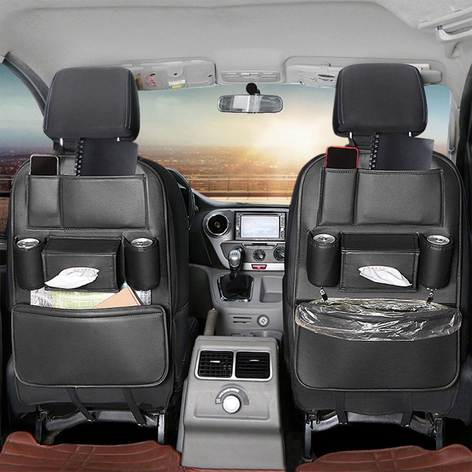 LSLJS Car Seat Organizers, PU Leather Backseat Protector with 5 Storage Pocket & Garbage Bag, Waterproof Car Rear Hanging Storage Shelf Back Seat Storage Bag Kick Mats Universal Interior Accessories