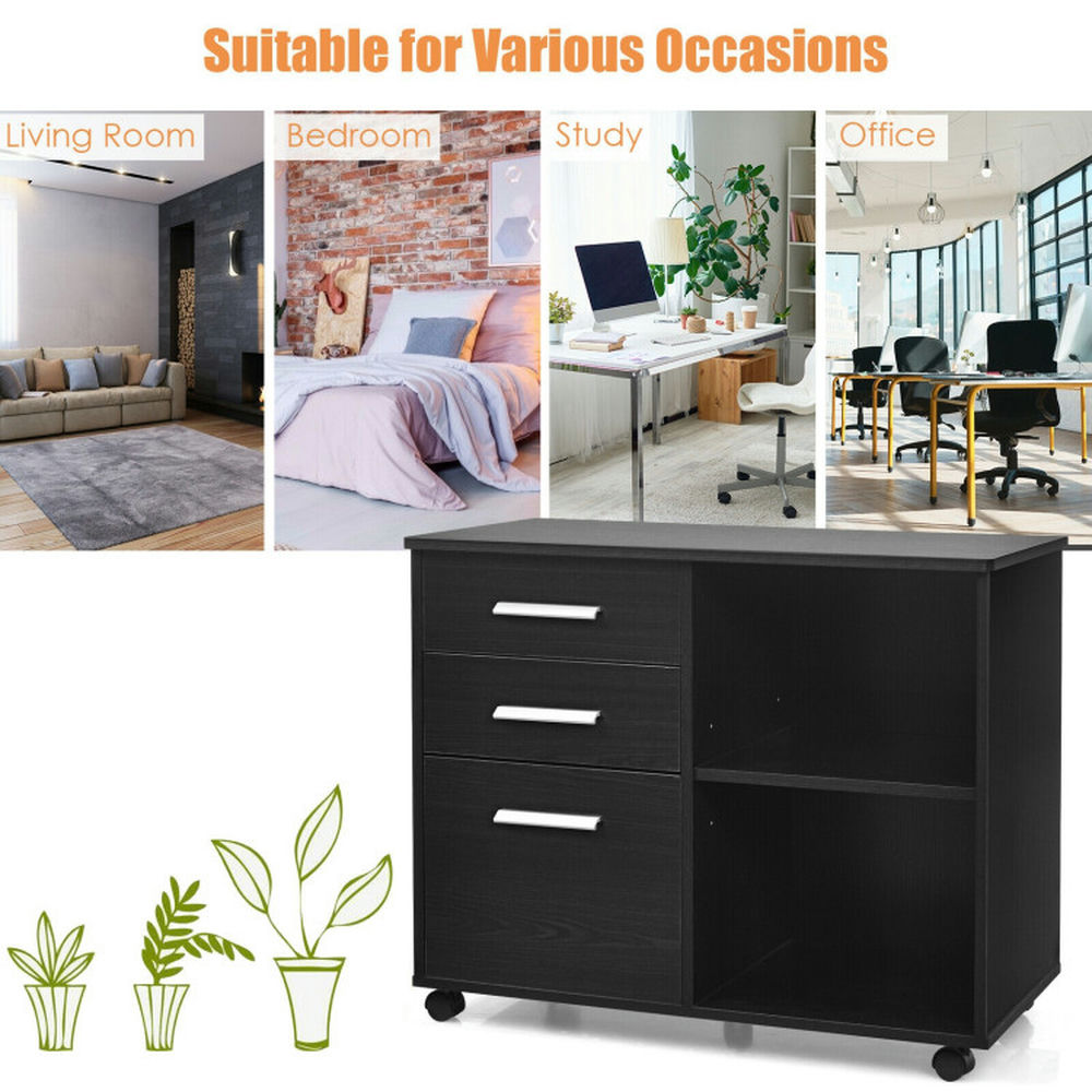 Demi Bonn 3-Drawer Mobile Lateral File Cabinet with 4 Universal Casters, Printer Stand, Black