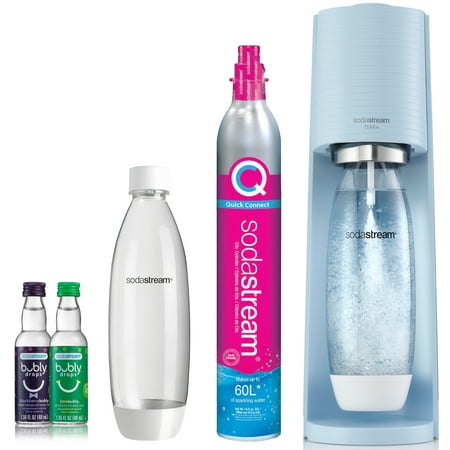 SodaStream Terra Sparkling Water Maker (Misty Blue) Bundle with CO2, 2 Bottles and 2 bubly Drops