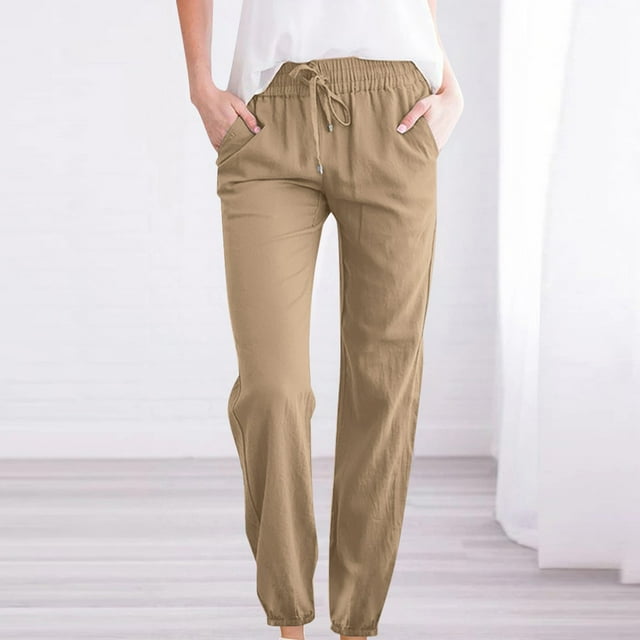 RKSTN Womens Pants Woman Solid Color Cotton And Linen Drawstring Elastic Waist Long Straight Pants Soft Loose Straight Leg Hiking Pants