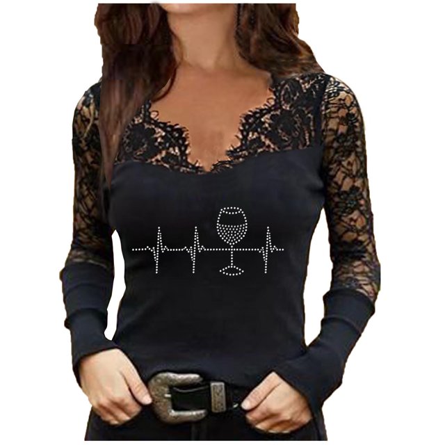 Blusa superior de malla de encaje de manga larga con diamantes calientes tachonados con cuello en V Sexy a la moda para mujer Pompotops gfhjh21503