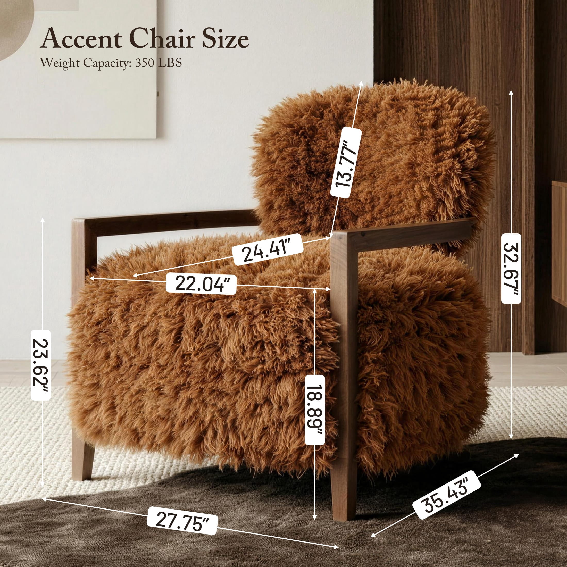Aenkyo Yeti Contemporary Faux Fur Accent Chair with Walnut Wood Arms, Orange