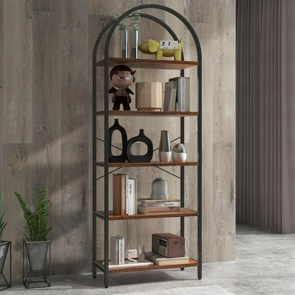 Arched Display Racks Bookshelf 5 Tier Bookcase Tall Standing Bookshelves Metal Frame Modern Storage Rack Shelf Large Wood Book Shelf