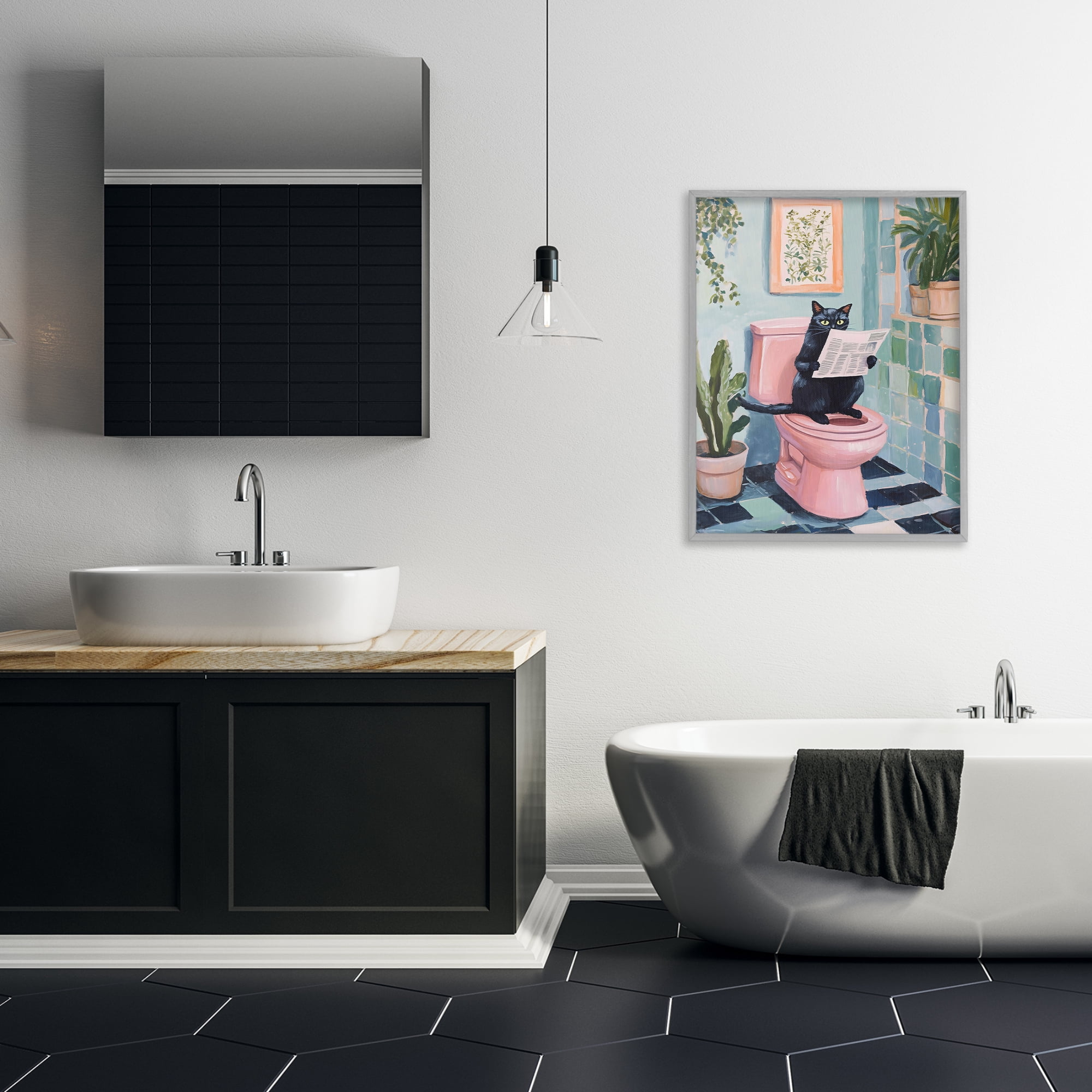 Stupell Industries Cat Reading on Pink Toilet Gray Framed Giclee Art, design by The Prints Vibe