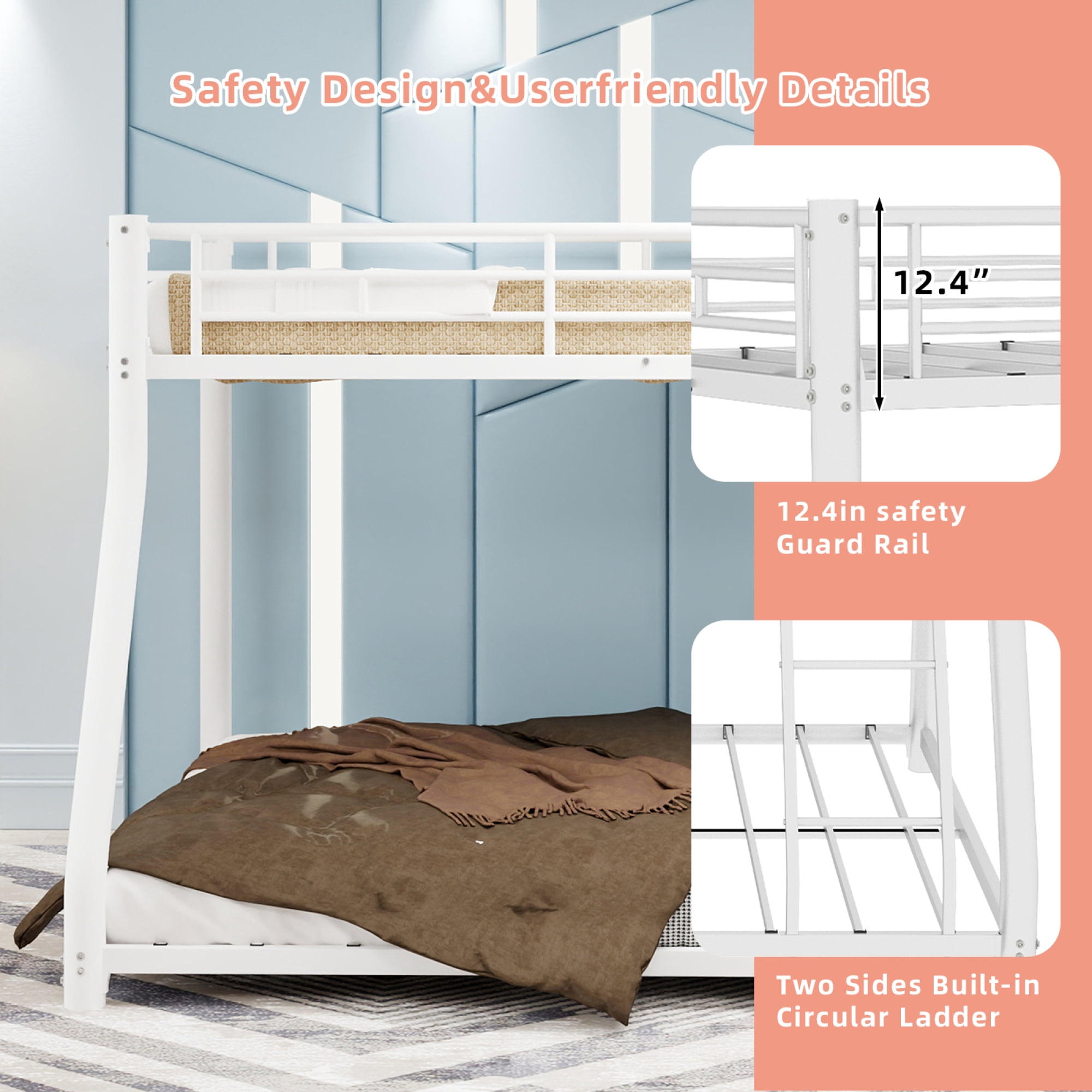 Twin over Full Size Bunk Bed with Ladder and Full-Length Guardrail, Heavy Duty Metal Bunk Bedframe for Teens Adults, Noise Free