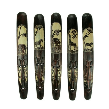 - Set of Five 39 Inch Hand Carved African Style Tribal Masks Wall Bar Decor