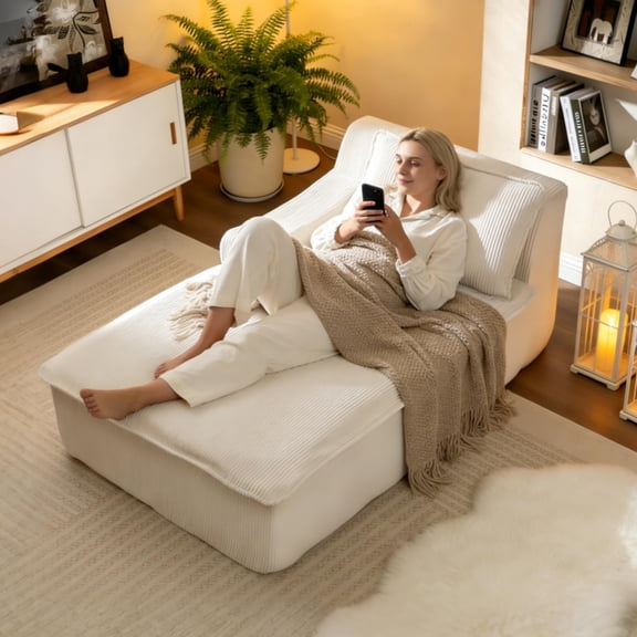 LEHZROAJ 67.3″Oversized Cloud Chaise Lounge Chair,Corduroy Upholstered Sofa Boneless Deep Seat No Assembly Required for Living Room Apartment(Beige,Left)